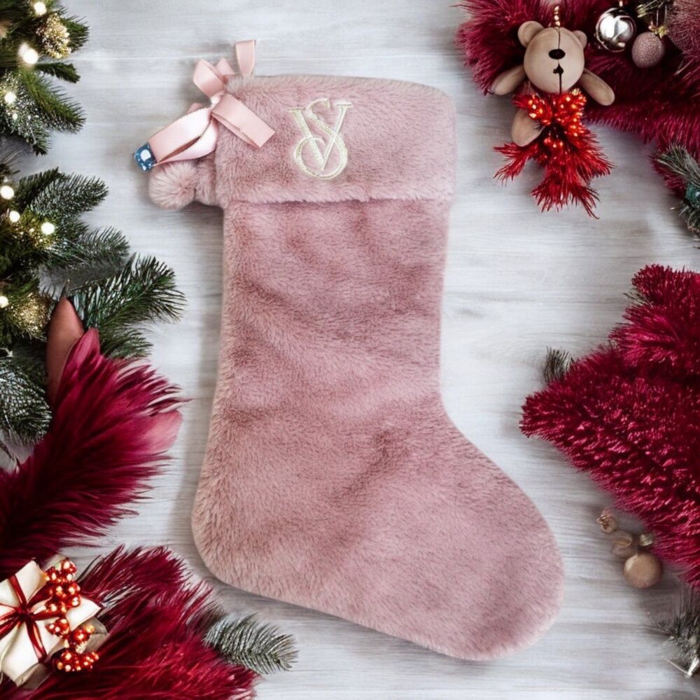 Victoria’s Secret Mauve Pink Faux Fur Christmas Stocking NWT Plush Holiday Decor